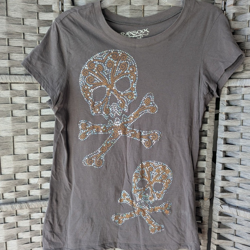 Y2K Ransom Grey Rhinestone Skull Crossbones Graphic T-Shirt Cotton Sz XL Grunge